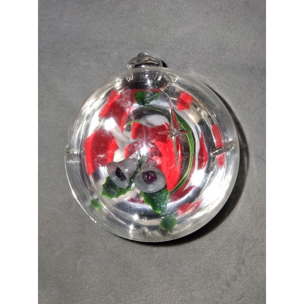 Vintage Jewel Brite Style Diorama Christmas Ornament Bells Flowers Blue 3"
